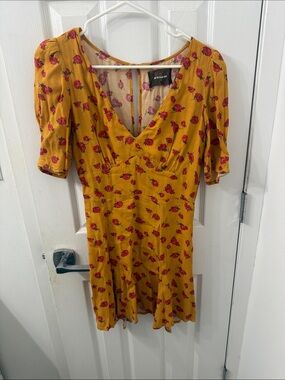 Reformation Mustard Yellow Mini Dress with Red Rose Print